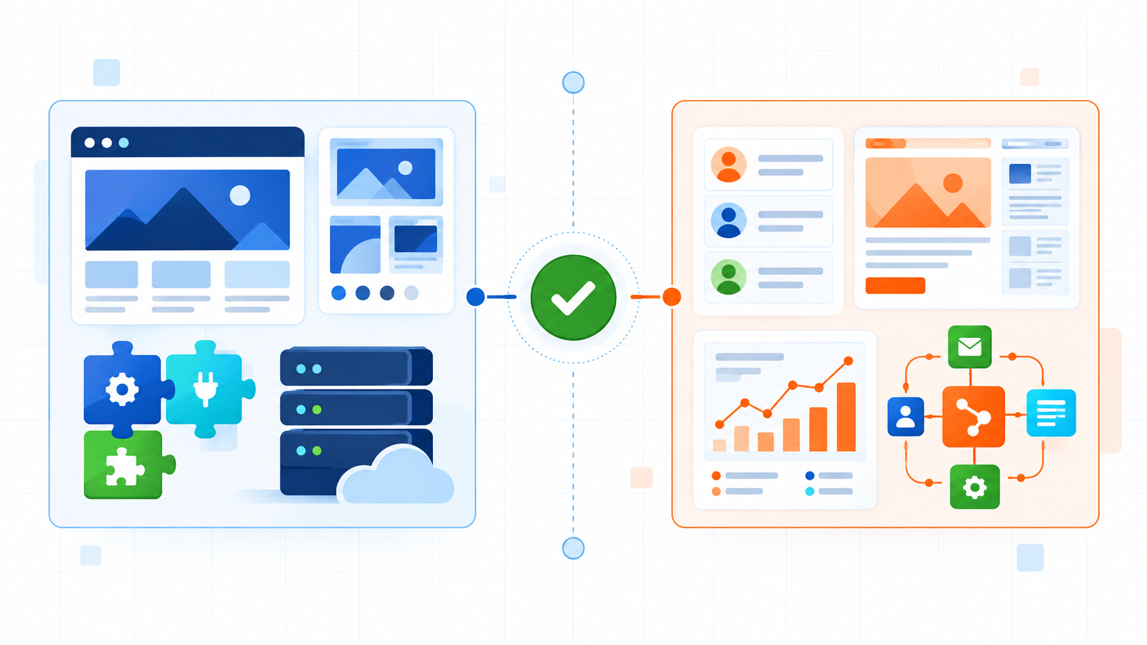 Abstract decision map comparing flexible WordPress architecture with connected HubSpot Content Hub tools