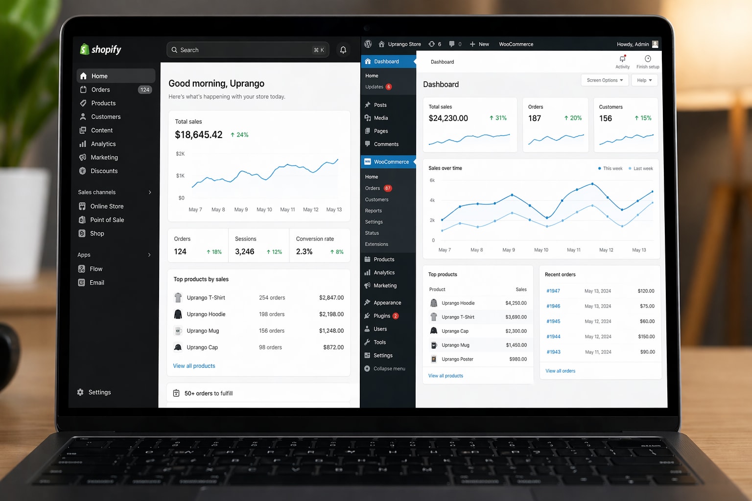 Shopify vs WooCommerce dashboard comparison side by side