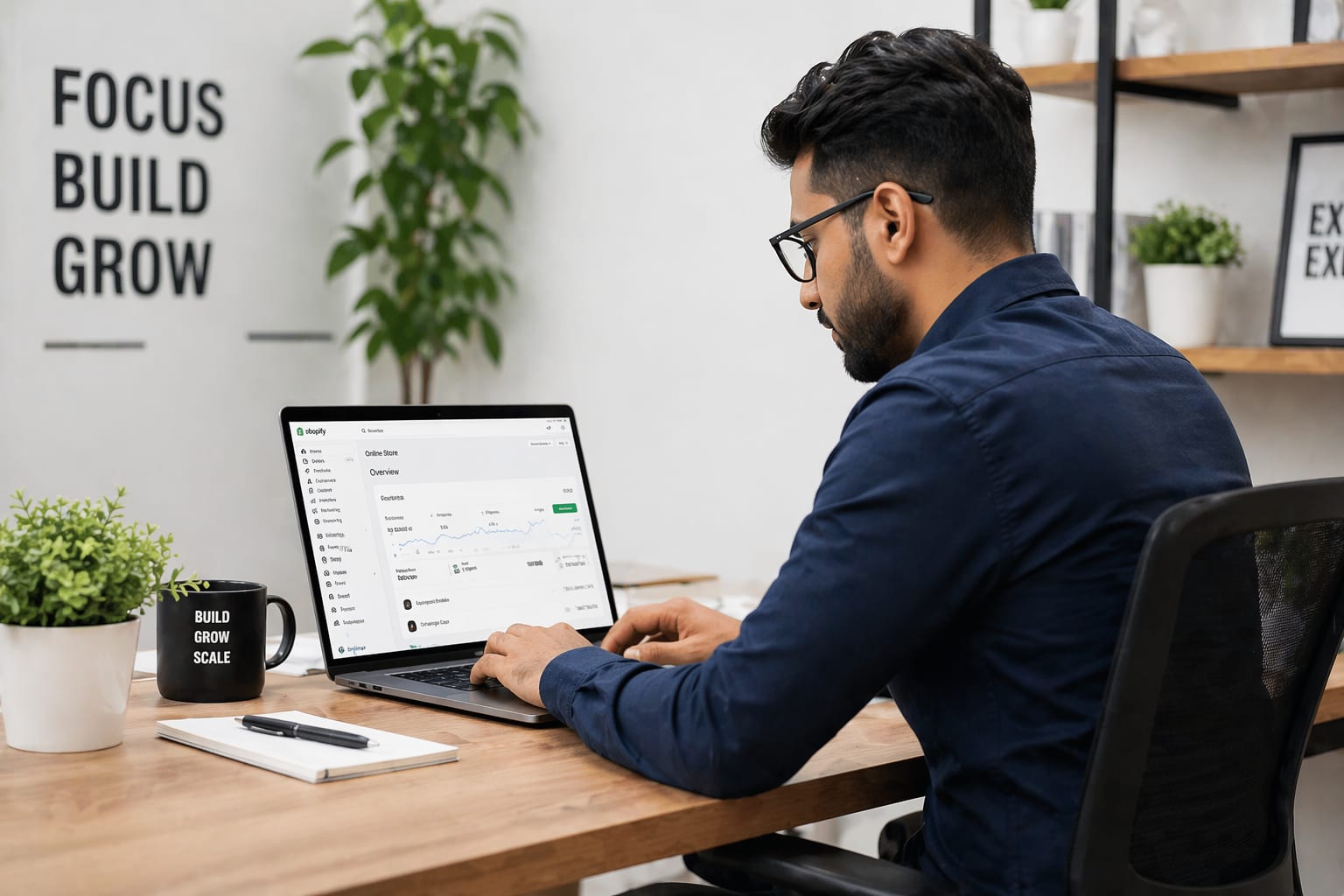 Small business owner managing Shopify store on laptop