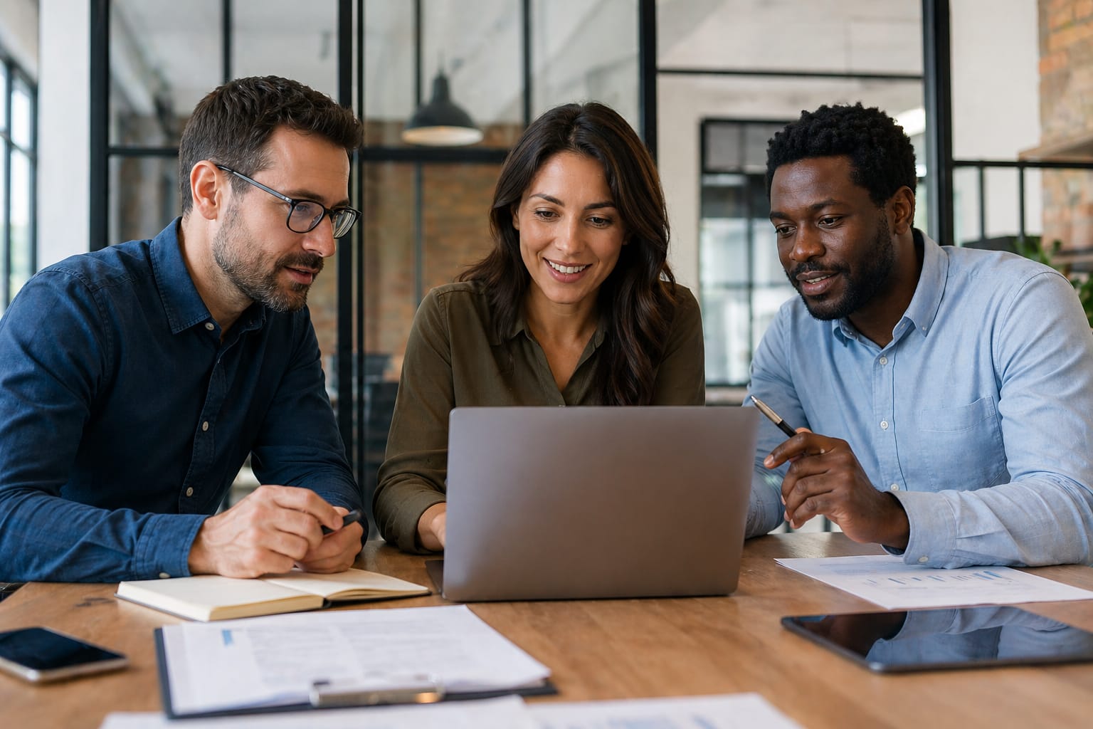 Business team reviewing CRM data together in office meeting