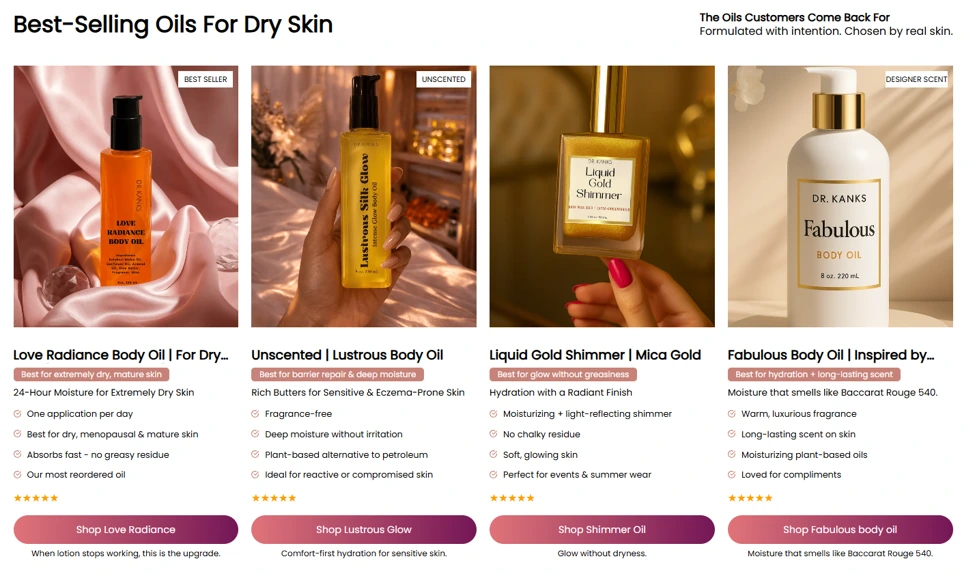 After redesign: Dr. Kanks best-selling oils design with aligned product images, benefit lists and individual shopping buttons