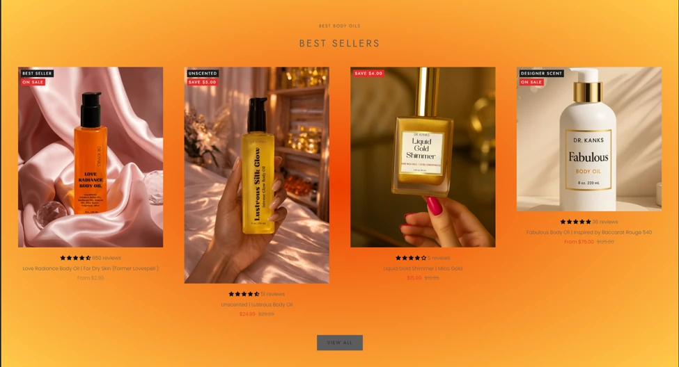 Before redesign: Dr. Kanks Best Sellers section with an orange background and uneven product image heights
