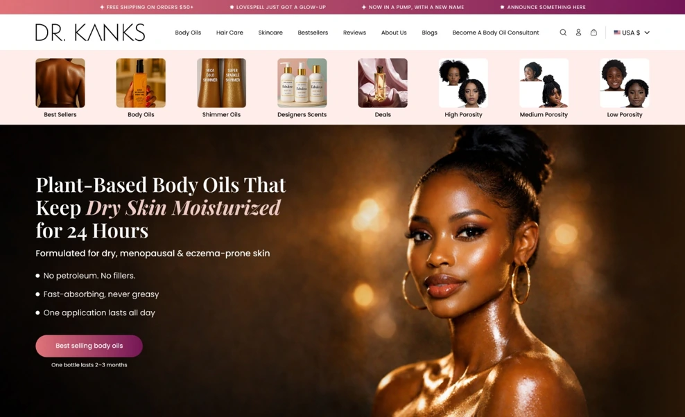 After redesign: Dr. Kanks desktop homepage design with visual categories, left-aligned hero copy and a rose-to-plum call to action