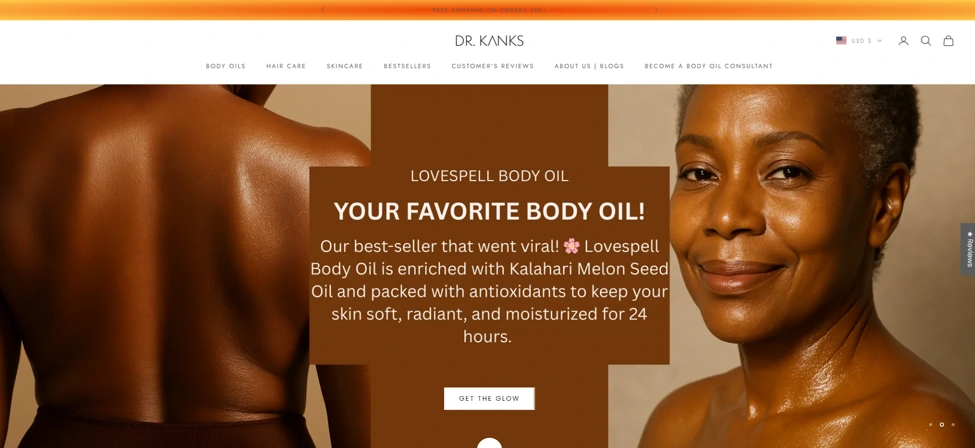 Before redesign: original Dr. Kanks desktop homepage with an orange announcement bar and centered body oil hero