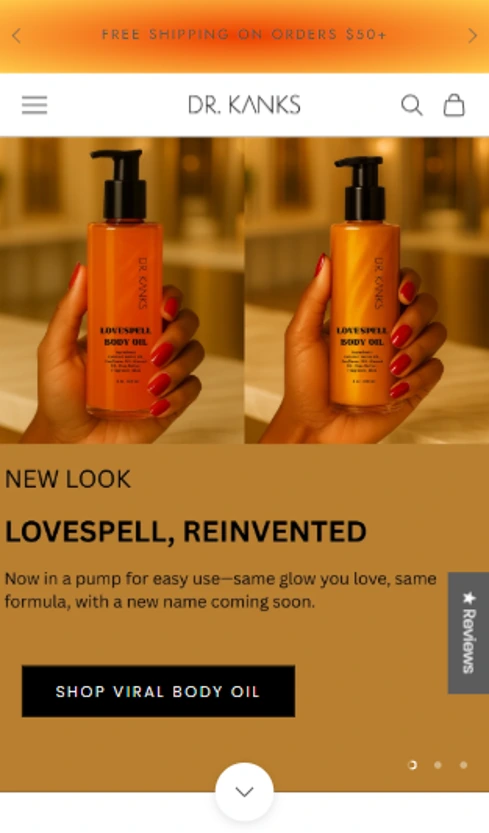 Before redesign: original Dr. Kanks mobile homepage with product imagery above a separate orange promotional panel