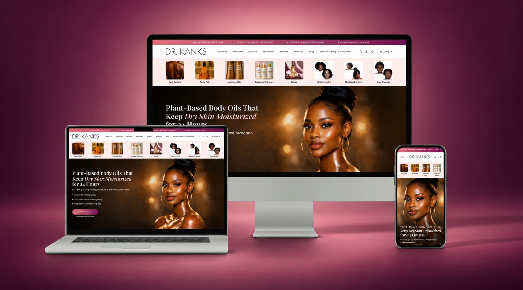 Dr. Kanks desktop, laptop and mobile presentation with an AI-edited plum and rose gradient background