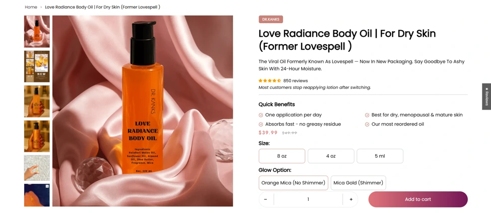 Dr. Kanks new product detail design showing an image gallery, product benefits, sizes, finish options and Add to Cart button