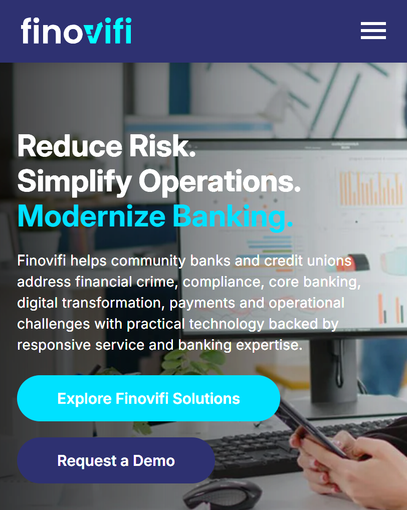 FinoviFi mobile homepage showing its banking solutions and calls to action