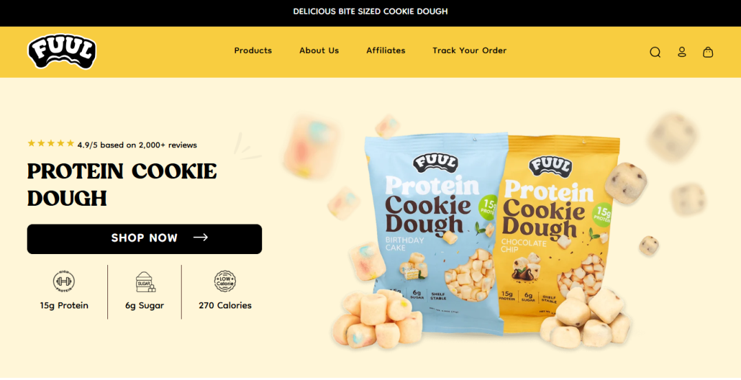 Before redesign: FUUL desktop homepage hero with the earlier product packaging and three product claims