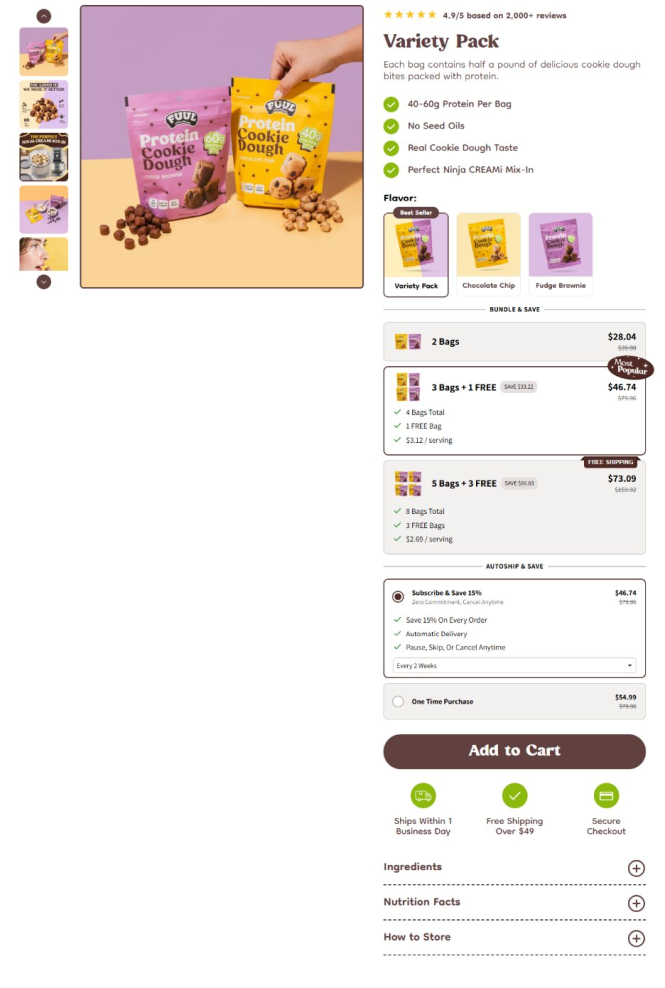 After redesign: FUUL homepage flavor selector and bundle and subscription buy box