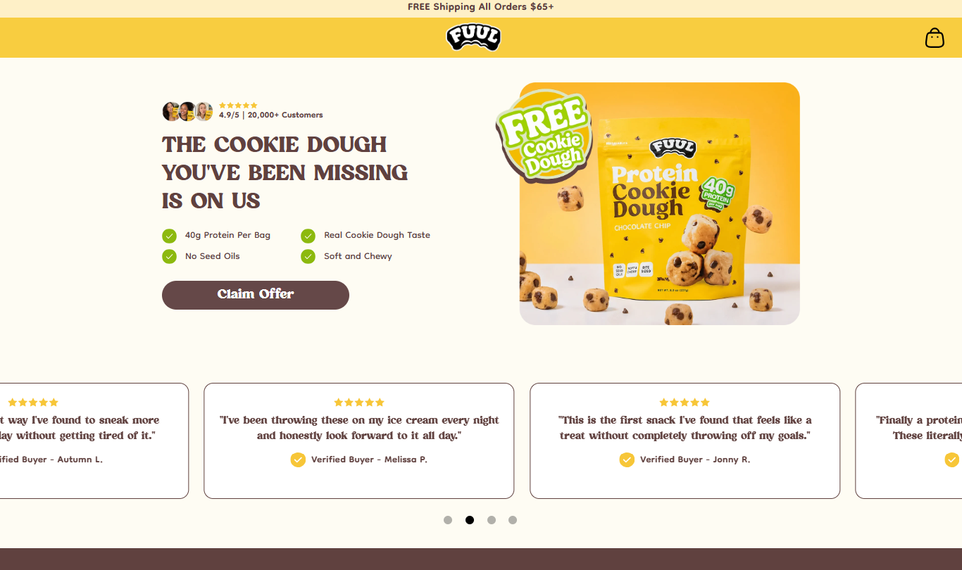 FUUL Buy 3 Get 1 Free landing-page desktop hero with a simplified header and offer CTA
