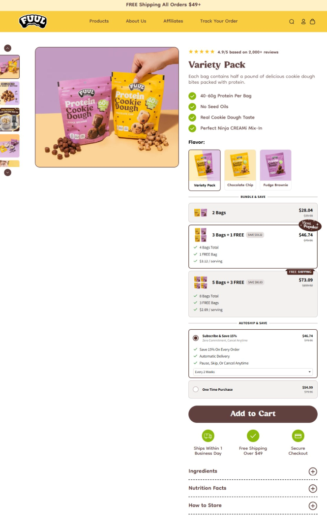 After redesign: FUUL product page with bundle tiers, subscription options and editable product information