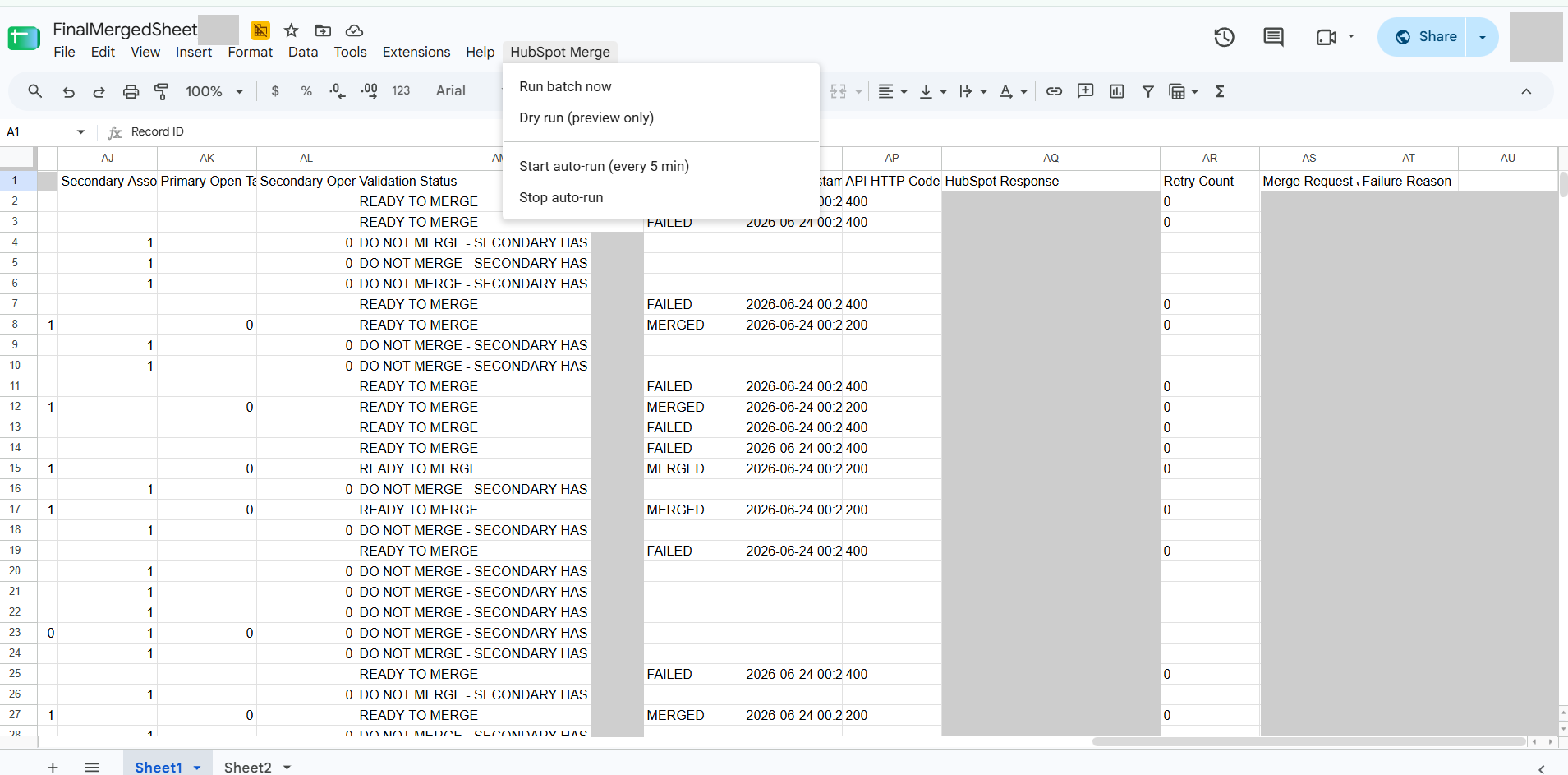 Google Sheets HubSpot Merge menu with batch, dry-run and scheduled controls, plus mixed merge outcomes and API response logging