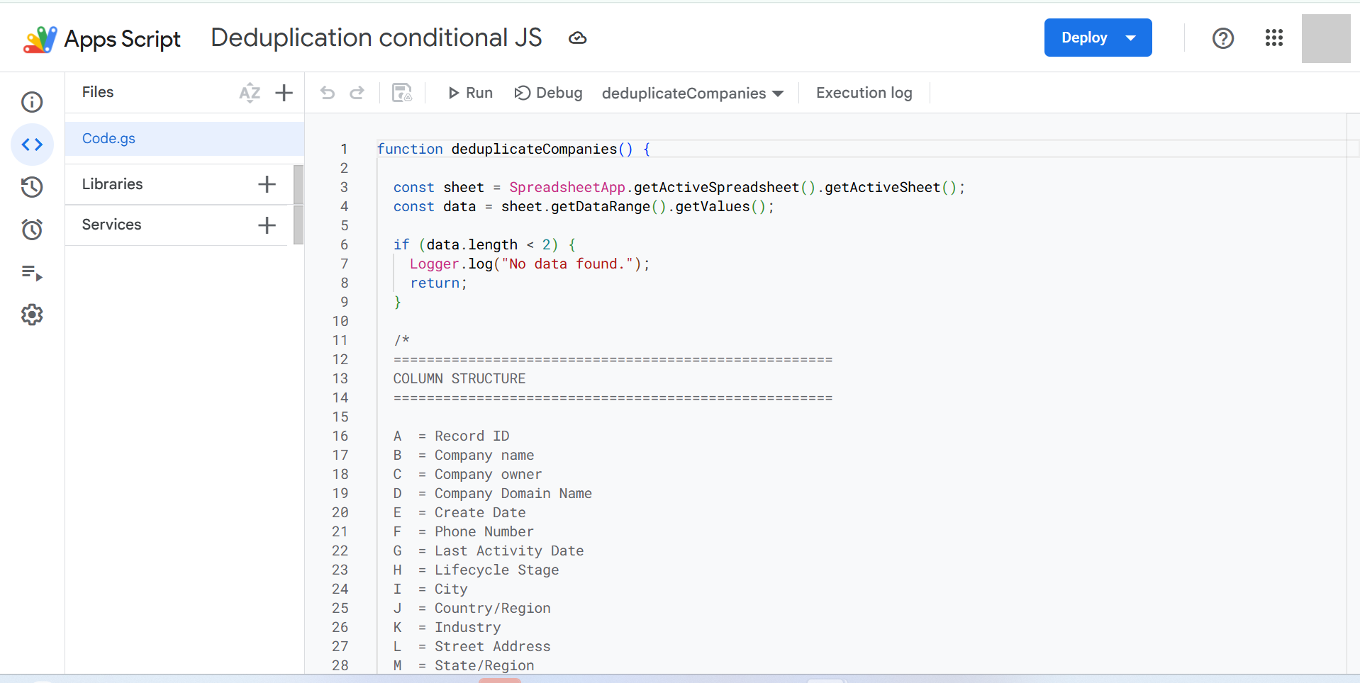 Google Apps Script deduplicateCompanies function and generic spreadsheet column structure