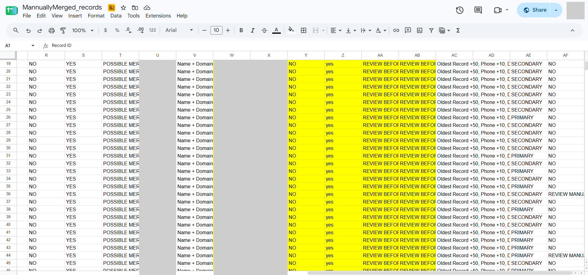 Redacted company review sheet with match indicators, review classifications, scoring and primary or secondary roles