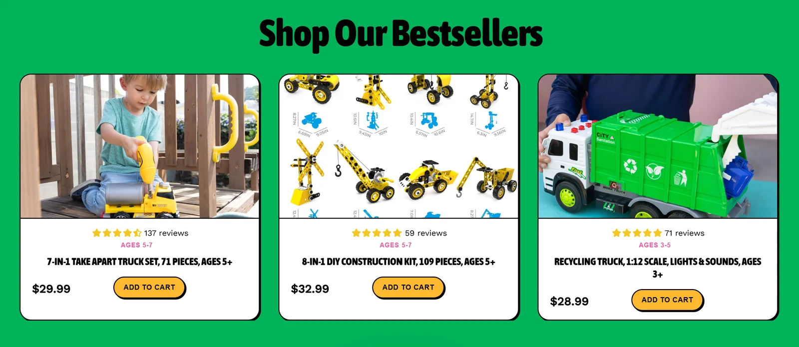 MÖBIUS Toys storefront bestsellers section with construction and transportation toys
