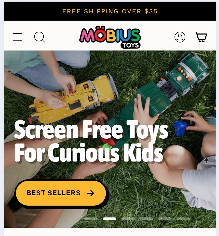 Supplied MÖBIUS Toys storefront screenshot with the Screen Free Toys for Curious Kids headline and toy vehicles