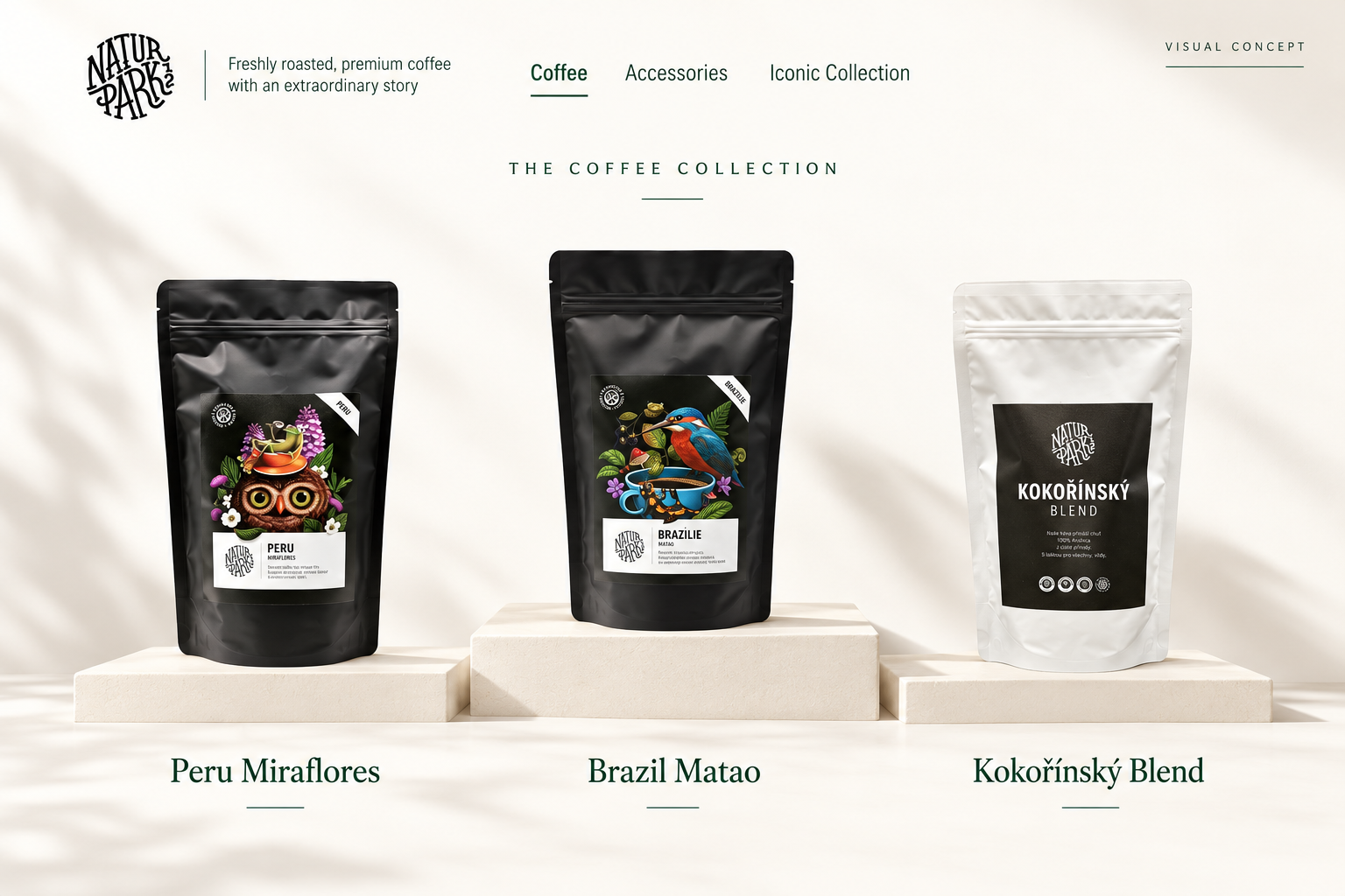 Naturpark12 coffee products on a warm-white background, an illustrative visual concept rather than an original website screenshot