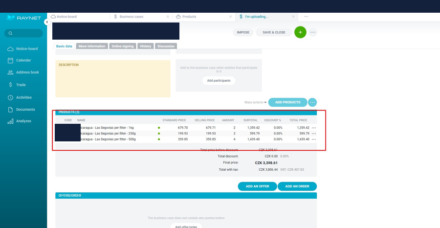 Multiple Products in Raynet with customer identifiers redacted