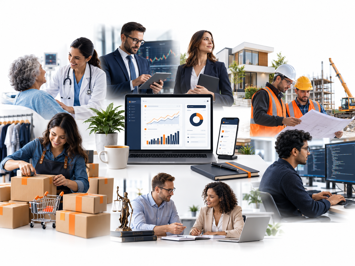 Business industries including healthcare, technology, finance, retail and real estate