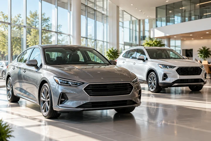 Everyday vehicles in a contemporary dealership showroom