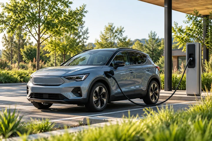 Electric vehicle connected to a charging pedestal
