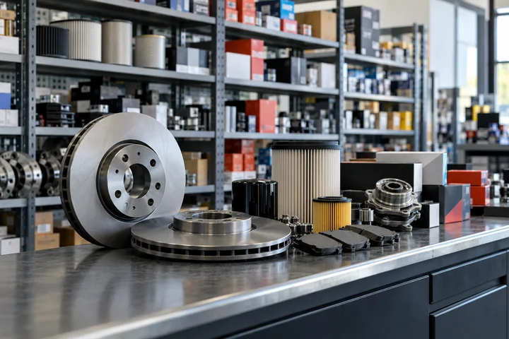 Brake components and filters at an automotive parts counter