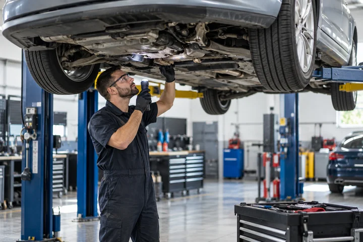 Technician inspecting a vehicle in a professional service workshop