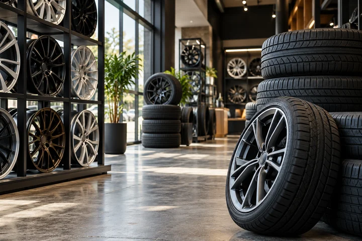 Tires and alloy wheels displayed in a specialist shop