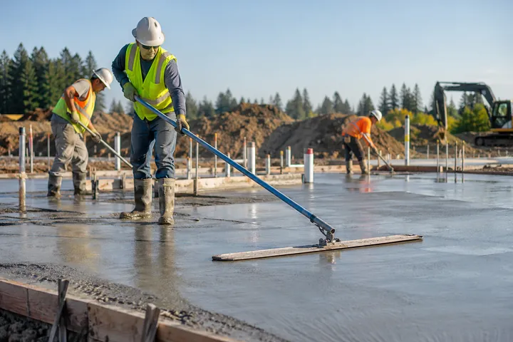Crew smoothing a freshly poured concrete foundation slab