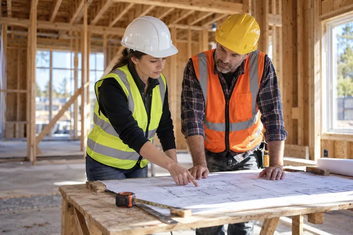 Designer and site manager reviewing a floor plan inside a building under construction
