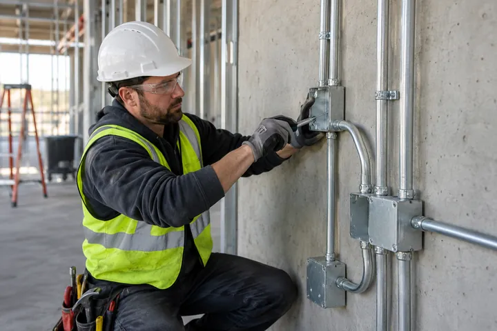 Electrician fitting conduit and junction boxes in an unfinished commercial interior