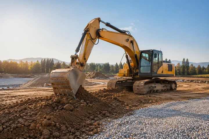 Tracked excavator preparing soil and gravel on a building site