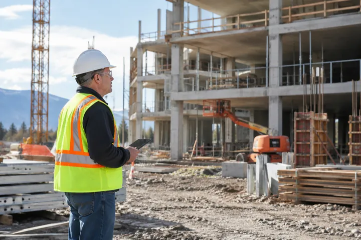 Superintendent reviewing an active building site beside an unfinished concrete structure