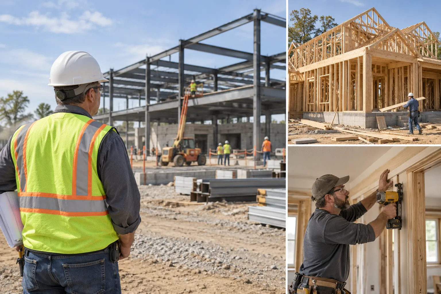 Illustrative construction collage showing a commercial site superintendent, residential timber framing and a carpenter fitting interior woodwork