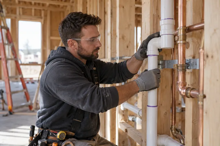 Plumber installing pipework inside the timber framing of a new house