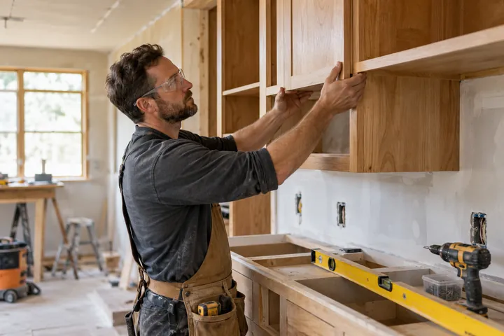 Carpenter fitting wooden cabinetry during a kitchen renovation