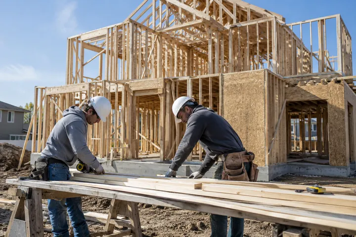 Builders measuring timber outside a new timber-framed house