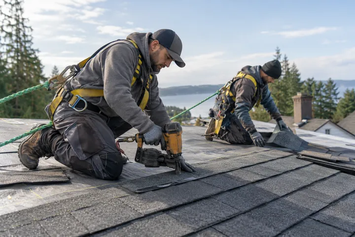 Roofers wearing safety harnesses installing shingles on a residential roof