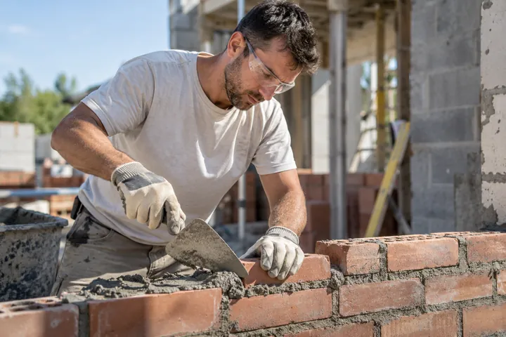 Masonry contractor laying bricks with a trowel