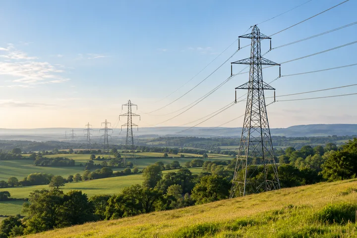 Electricity transmission pylons crossing green countryside