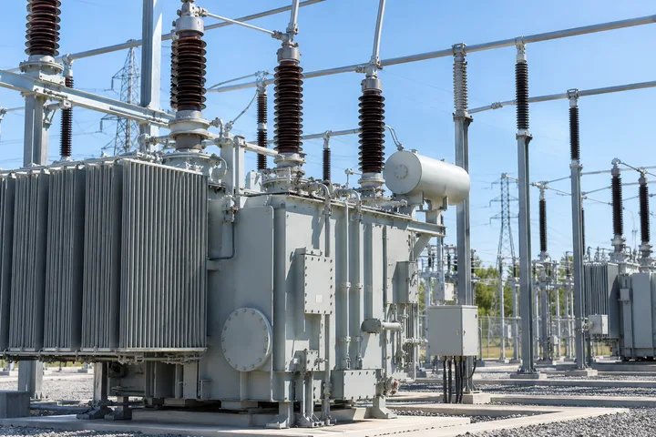 Transformer and insulators at an electricity substation