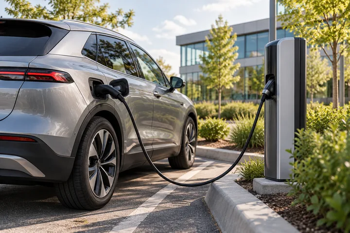 Electric car connected to a charging station