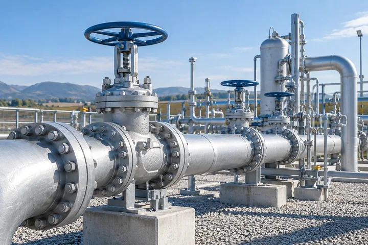 Industrial gas pipework with valves and pressure equipment