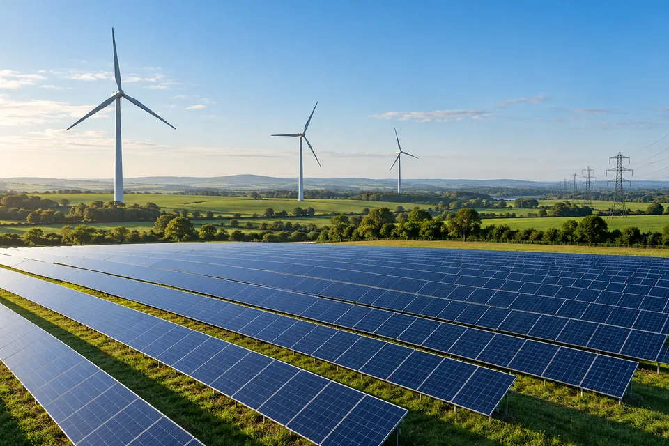 Solar panels beneath wind turbines with electricity pylons in the distance