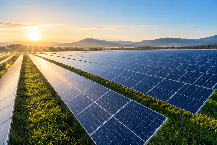 Rows of solar panels in a field at sunrise