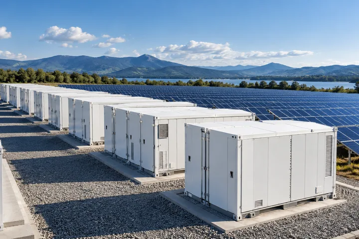Containerized battery storage units beside a solar array
