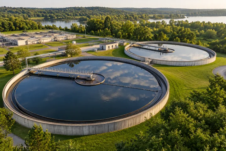 Circular water treatment tanks viewed from above