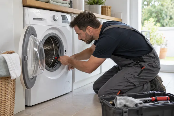 Technician inspecting an open front-loading washing machine