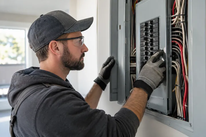 Electrician wearing gloves inspecting a residential breaker panel